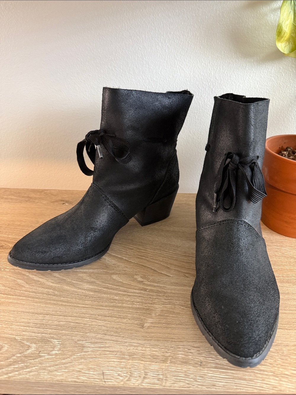 All Black Anthropologie Slip On Leather Pointed Heel Shaft Tie Boots, US 8.5